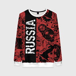 Свитшот женский Россия на фоне матрёшек балалайки и славянских узо, цвет: 3D-белый
