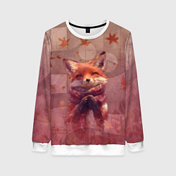 Свитшот женский Довольный лис в шарфе, цвет: 3D-белый