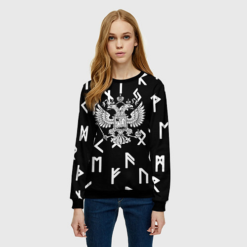 Женский свитшот Славянские руны герб РФ / 3D-Черный – фото 3