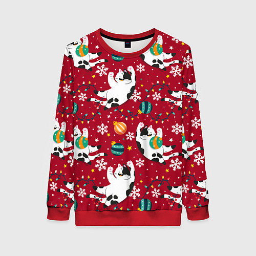 Женский свитшот Новогодний паттерн с котиками / 3D-Красный – фото 1