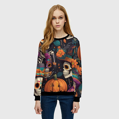 Женский свитшот Хэллоуин страшилки черепа / 3D-Черный – фото 3