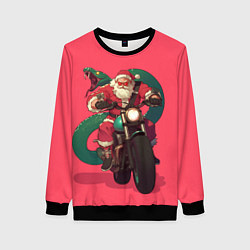 Свитшот женский Дед Мороз на мотоцикле с змеёй за спиной, цвет: 3D-черный