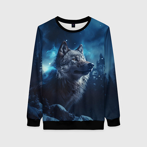 Женский свитшот Голова волка и небо / 3D-Черный – фото 1