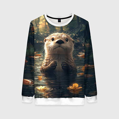 Женский свитшот Выдра в летнем пруду / 3D-Белый – фото 1