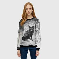 Свитшот женский Серый лис в снежном лесу, цвет: 3D-черный — фото 2