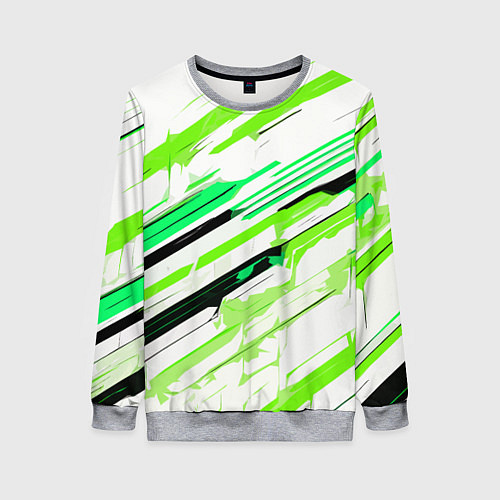 Женский свитшот Чёрно-зелёно-салатовые полосы на белом фоне / 3D-Меланж – фото 1