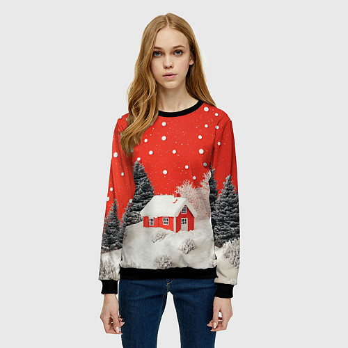 Женский свитшот Новогодний домик и красное небо / 3D-Черный – фото 3