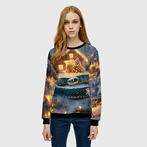 Женский свитшот Большая змея на фоне новогоднего дома / 3D-Черный – фото 3