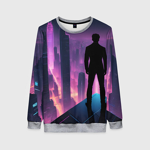 Женский свитшот Человек смотрящий на ночной мегаполис / 3D-Меланж – фото 1