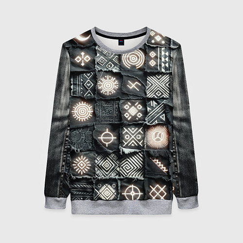 Женский свитшот Африканские знаки на пэчворк дениме / 3D-Меланж – фото 1