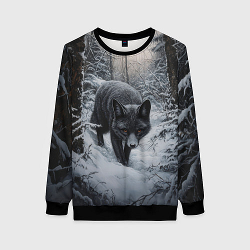 Женский свитшот Настороженный черный лис / 3D-Черный – фото 1
