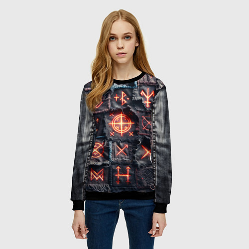 Женский свитшот Символы викингов на пэчворк джинсах / 3D-Черный – фото 3