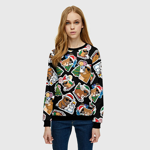 Женский свитшот Новогодняя капибара с ёлкой / 3D-Черный – фото 3