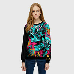 Свитшот женский Cyber skull sketch - color blots, цвет: 3D-черный — фото 2