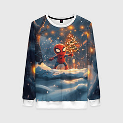 Женский свитшот Маленький человек-паук держит елку