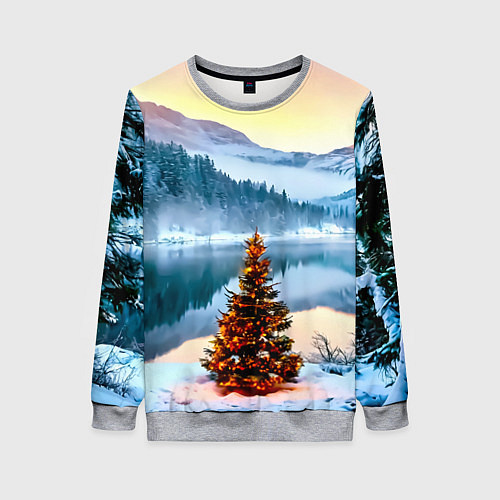 Женский свитшот Новогодняя елочка на берегу озера / 3D-Меланж – фото 1