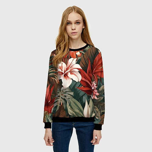 Женский свитшот Алые тропические цветы / 3D-Черный – фото 3