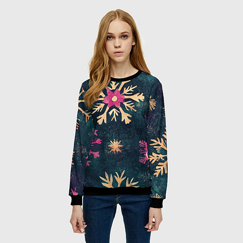 Женский свитшот Новогодние разноцветные снежинки / 3D-Черный – фото 3