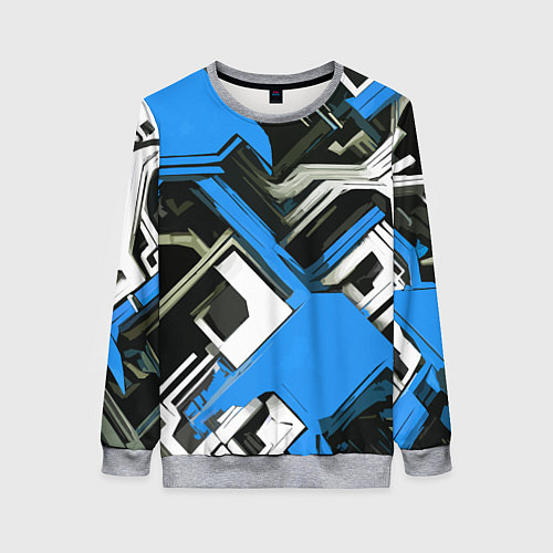 Женский свитшот Сине-белый техно паттерн на чёрном фоне / 3D-Меланж – фото 1
