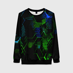 Женский свитшот Сине-зелёные точки и линии на чёрном фоне