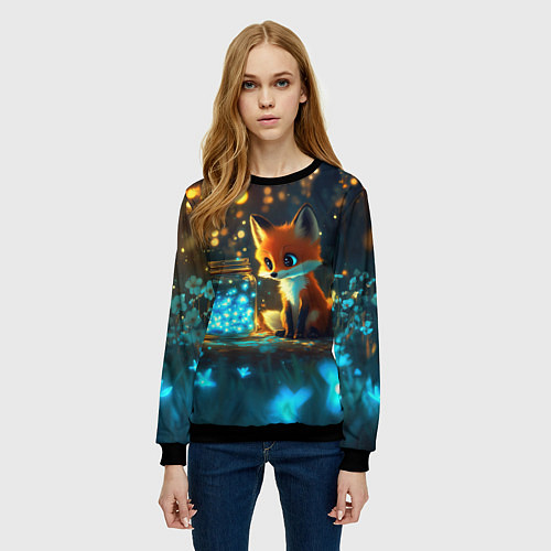 Женский свитшот Лисица и сияющие бабочки / 3D-Черный – фото 3