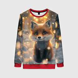 Свитшот женский Лисица в снегу и желтые огоньки, цвет: 3D-красный