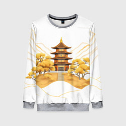 Свитшот женский Аппликация с японским пейзажем, цвет: 3D-меланж