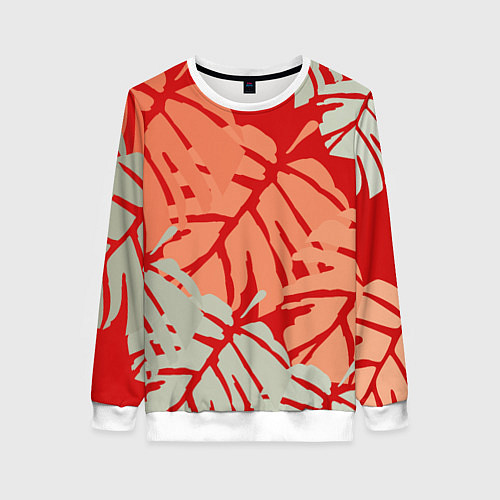 Женский свитшот Отпечатки монстеры на красном / 3D-Белый – фото 1