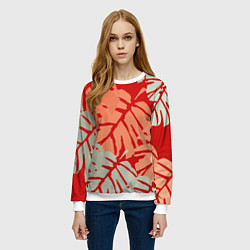 Свитшот женский Отпечатки монстеры на красном, цвет: 3D-белый — фото 2
