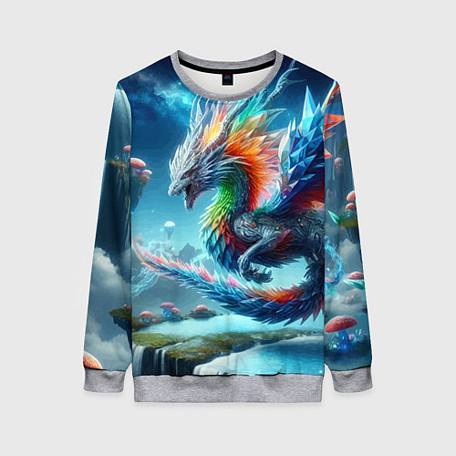 Женский свитшот Полигональный дракон на планете водопадов и грибов / 3D-Меланж – фото 1