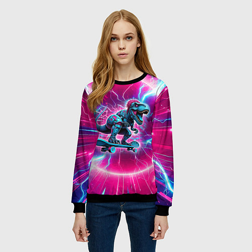 Женский свитшот Cyber tyrannosaurus is a cool skateboarder / 3D-Черный – фото 3