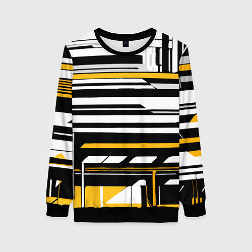 Женский свитшот Жёлто-белые технологические линии на чёрном фоне / 3D-Черный – фото 1