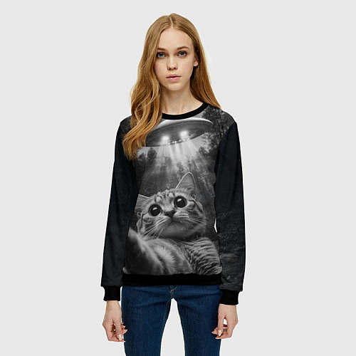 Женский свитшот Котик и НЛО / 3D-Черный – фото 3