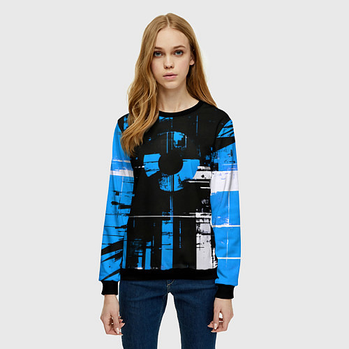 Женский свитшот Сине-белый гранж на чёрном фоне / 3D-Черный – фото 3