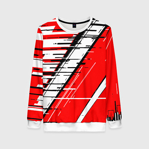 Женский свитшот Чёрно-белые глитч полосы на красном фоне / 3D-Белый – фото 1