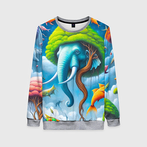 Женский свитшот Сюрреализм со слоном и рыбами - нейроарт фантазия / 3D-Меланж – фото 1