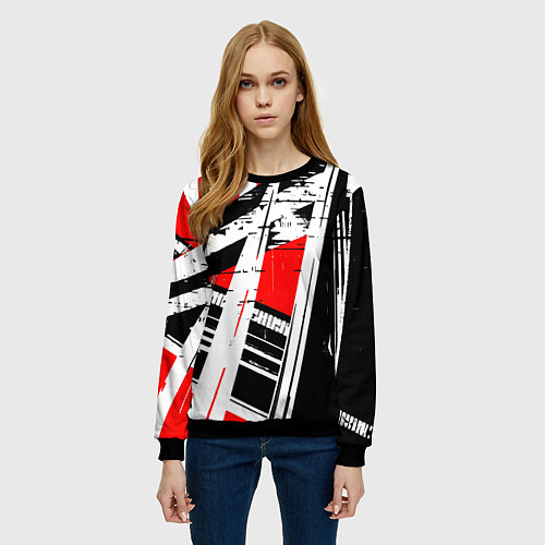Женский свитшот Чёрно-белые абстрактные линии на красном фоне / 3D-Черный – фото 3