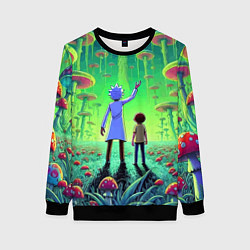 Свитшот женский Рик и Морти в лесу гигантских грибов - неоновое св, цвет: 3D-черный