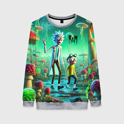 Женский свитшот Рик и Морти изучают планету мухоморов - нейроарт ф / 3D-Меланж – фото 1