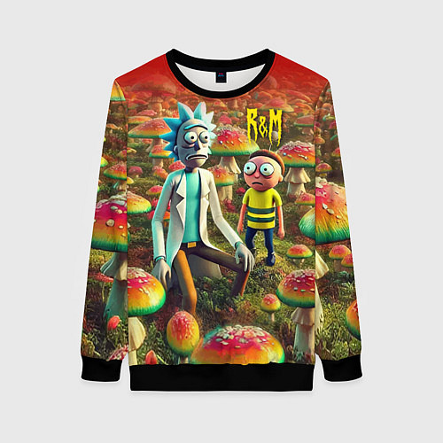 Женский свитшот Рик и Морти заблудились в мухоморном поле / 3D-Черный – фото 1