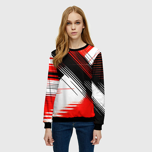 Женский свитшот Диагональные красно-чёрные линии на белом фоне / 3D-Черный – фото 3