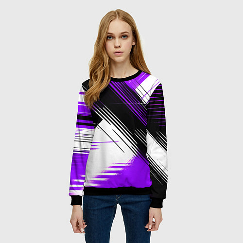 Женский свитшот Диагональные фиолетово-чёрные линии на белом фоне / 3D-Черный – фото 3