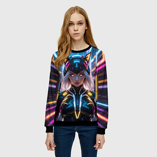 Женский свитшот Девушка кошка неон / 3D-Черный – фото 3