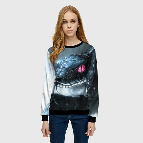 Женский свитшот Черная змея с розовыми глазами / 3D-Черный – фото 3