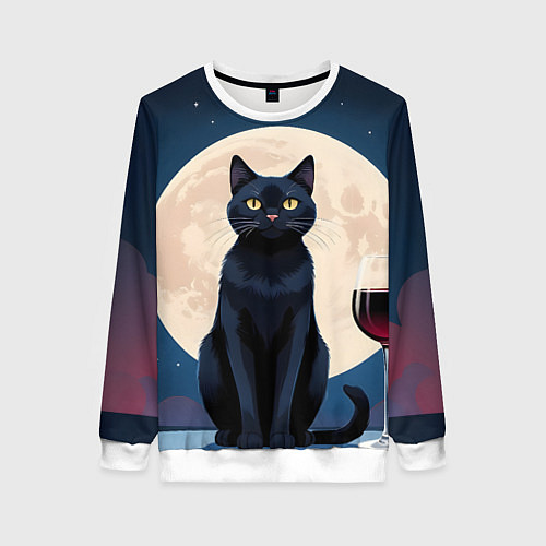 Женский свитшот Кот с вином под луной / 3D-Белый – фото 1