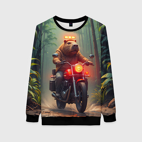 Женский свитшот Байкер капибара в джунглях / 3D-Черный – фото 1