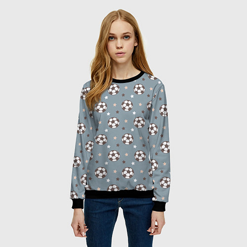 Женский свитшот Футбольные мячи и звезды на голубом / 3D-Черный – фото 3