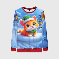 Свитшот женский Новогодний котенок в зеленой шапочке, цвет: 3D-красный