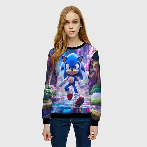 Женский свитшот Sonic в неоновом городе / 3D-Черный – фото 3