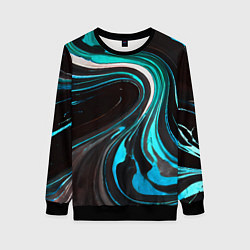 Свитшот женский Волнистые бело-голубые линии на чёрном фоне, цвет: 3D-черный